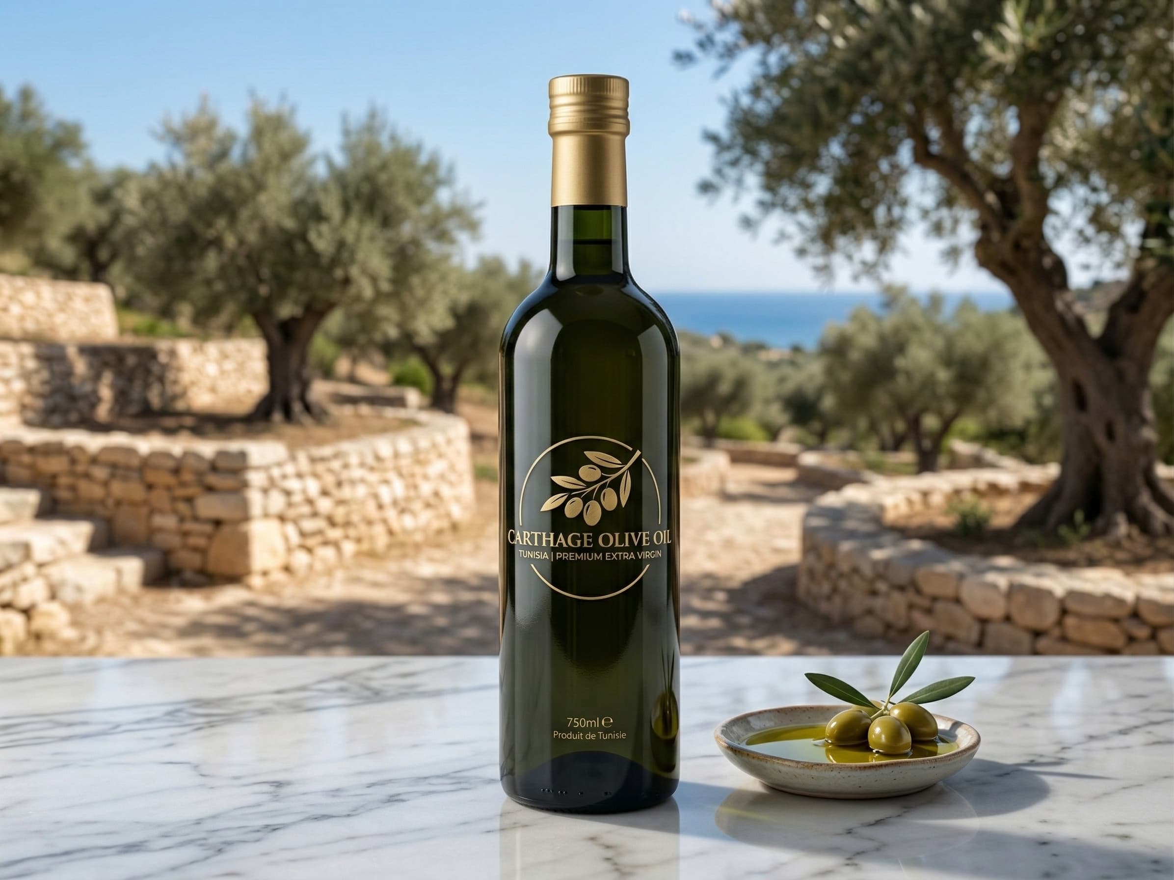 Bouteille Carthage Olive Oil — oliveraie méditerranéenne